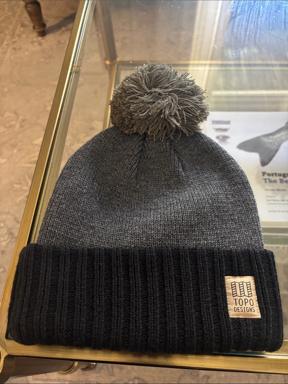 Topo Designs Two-Tone Pom Beanie in Gray and Black
